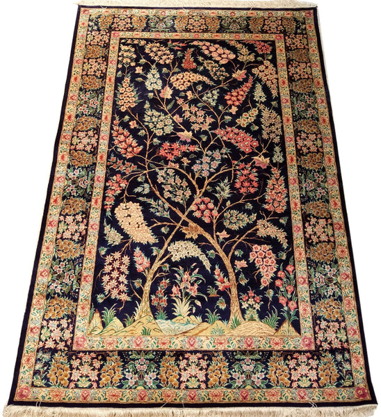 Silk Tree of Life Persian Qum Rug 3x4, Hand Knotted Vintage Carpet, Cr –  Jewel Rugs